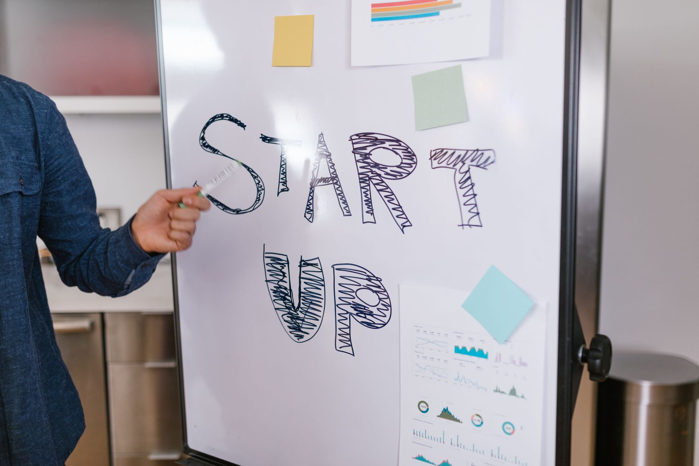 A hand writing “Start up” on a whiteboard
