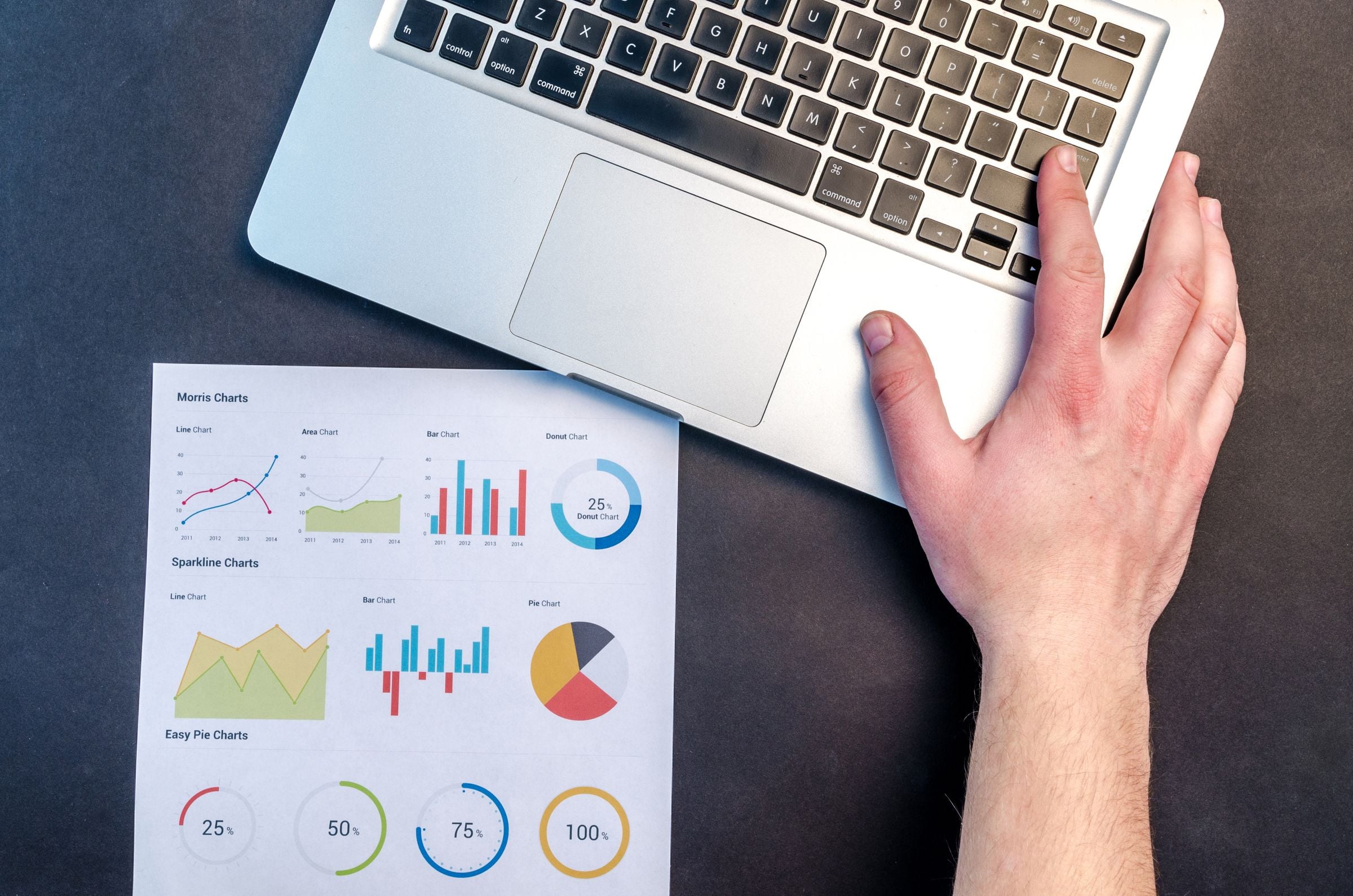 A laptop beside printed marketing charts